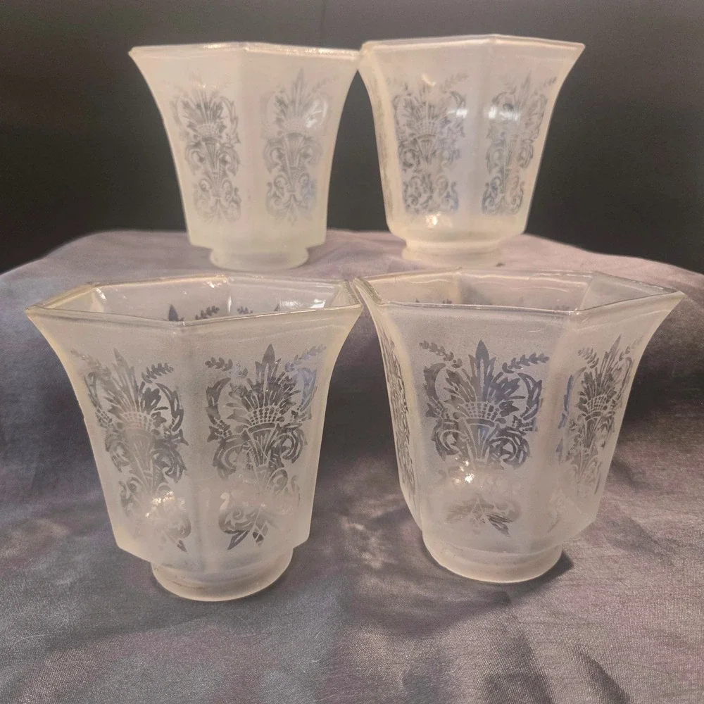 Art Deco Frosted‎ Etched Glass Lamp Shades Set of 4 Hexagonal Vintage 1930s